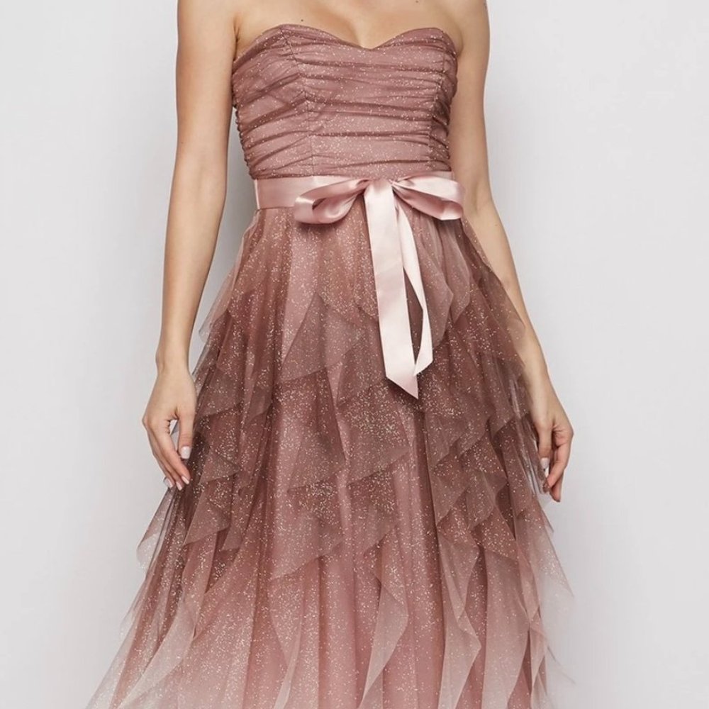 Teeze Me Strapless Glitter Tulle Ruffle Prom Dress in Dusty Rose